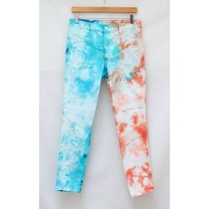 H&M tie dye skinny ankle jeans blue orange asymmetrical 30 rave festival fun